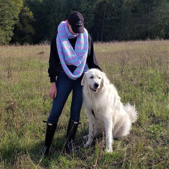 Handmade Knit Infinity Scarf, Striped Pastel Teal & Lilac - Picture 1 of 2